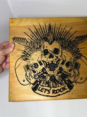 Wood Plaque Wall Art "Let's Rock" Skull Design